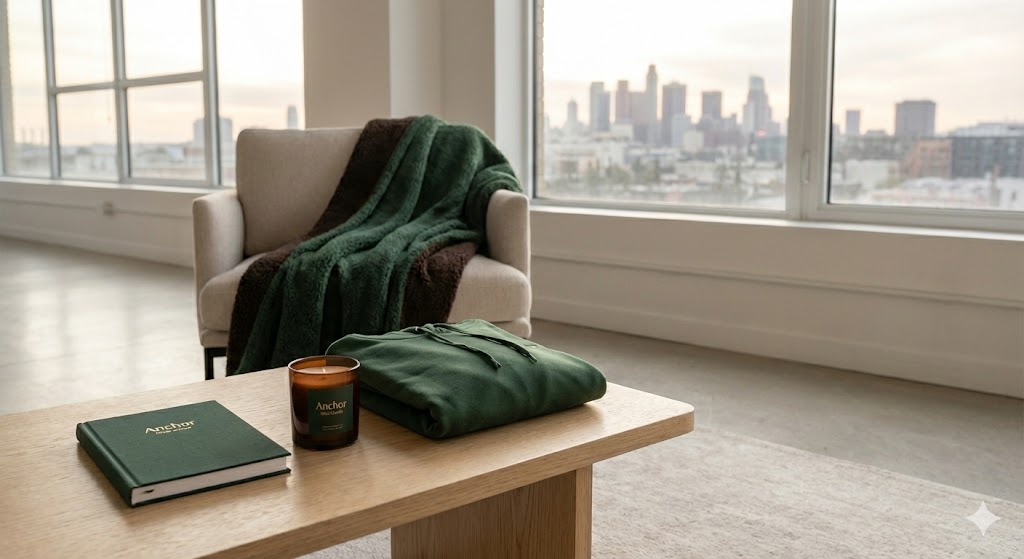 The Secure Shift Volume 1 Anchor Your Soul Ritual Bundle featuring a forest green matte journal, a heavyweight green hoodie, a dark chocolate sherpa blanket, and a ritual candle on a modern wooden table.