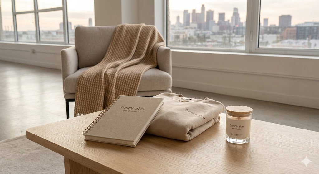 The Secure Shift Volume 2 Neutral Mind Ritual Bundle featuring a tan perspective spiral journal, a sand-colored crewneck, a woven throw blanket, and a ritual candle in a bright modern loft setting.