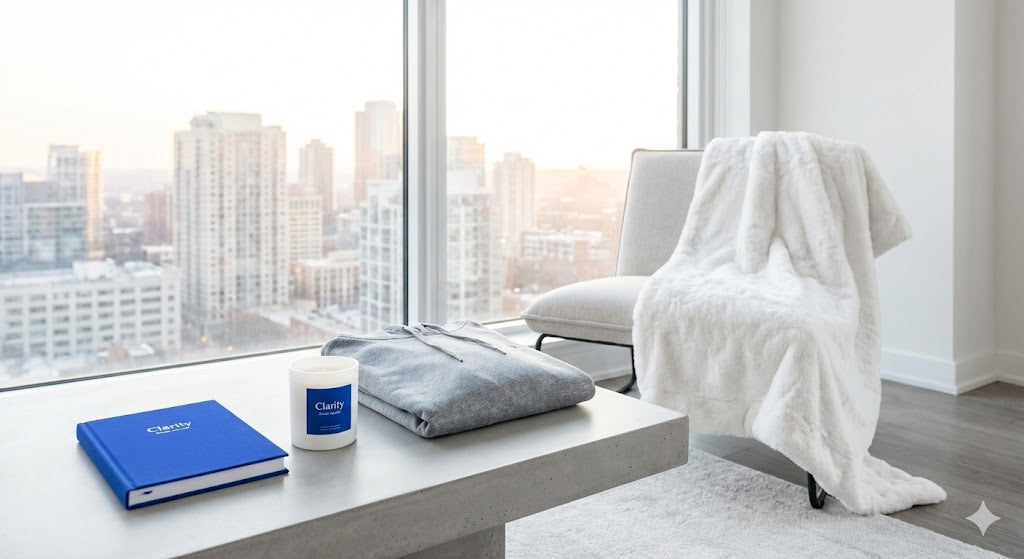 The Secure Shift Volume 3 Concrete Zen Ritual Bundle featuring a royal blue clarity journal, an athletic heather grey hoodie, a white minky blanket, and a ritual candle in a high-rise city view setting.